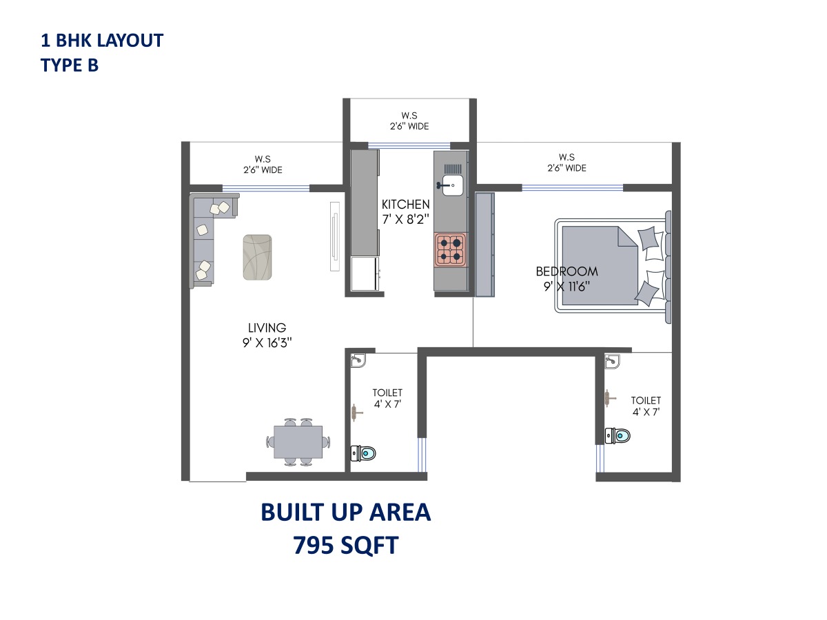 1 BHK Type B Floor Plan – 795 sqft